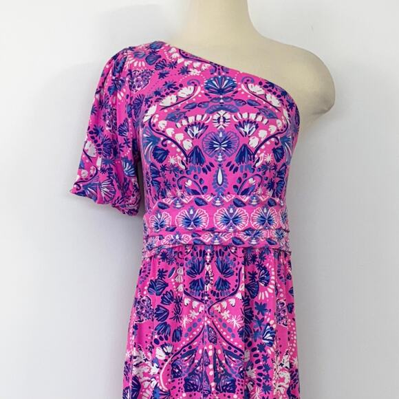 Lilly Pulitzer Solana One Shoulder Maxi Dress Havana Pink Turtle Tidepool L - Picture 3 of 12